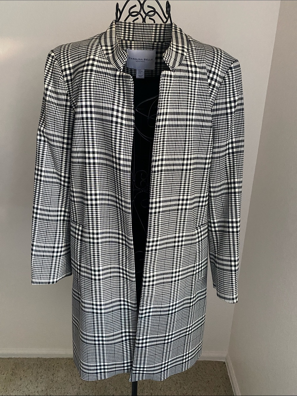 Carolina Belle Black & White Glen Plaid Open-Front Trench Coat